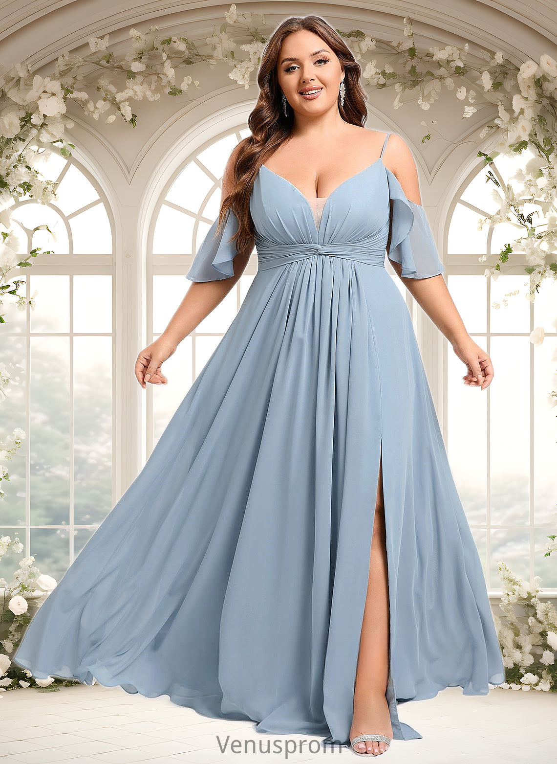 Kitty A-line Cold Shoulder Floor-Length Chiffon Bridesmaid Dress With Ruffle HQP0025797