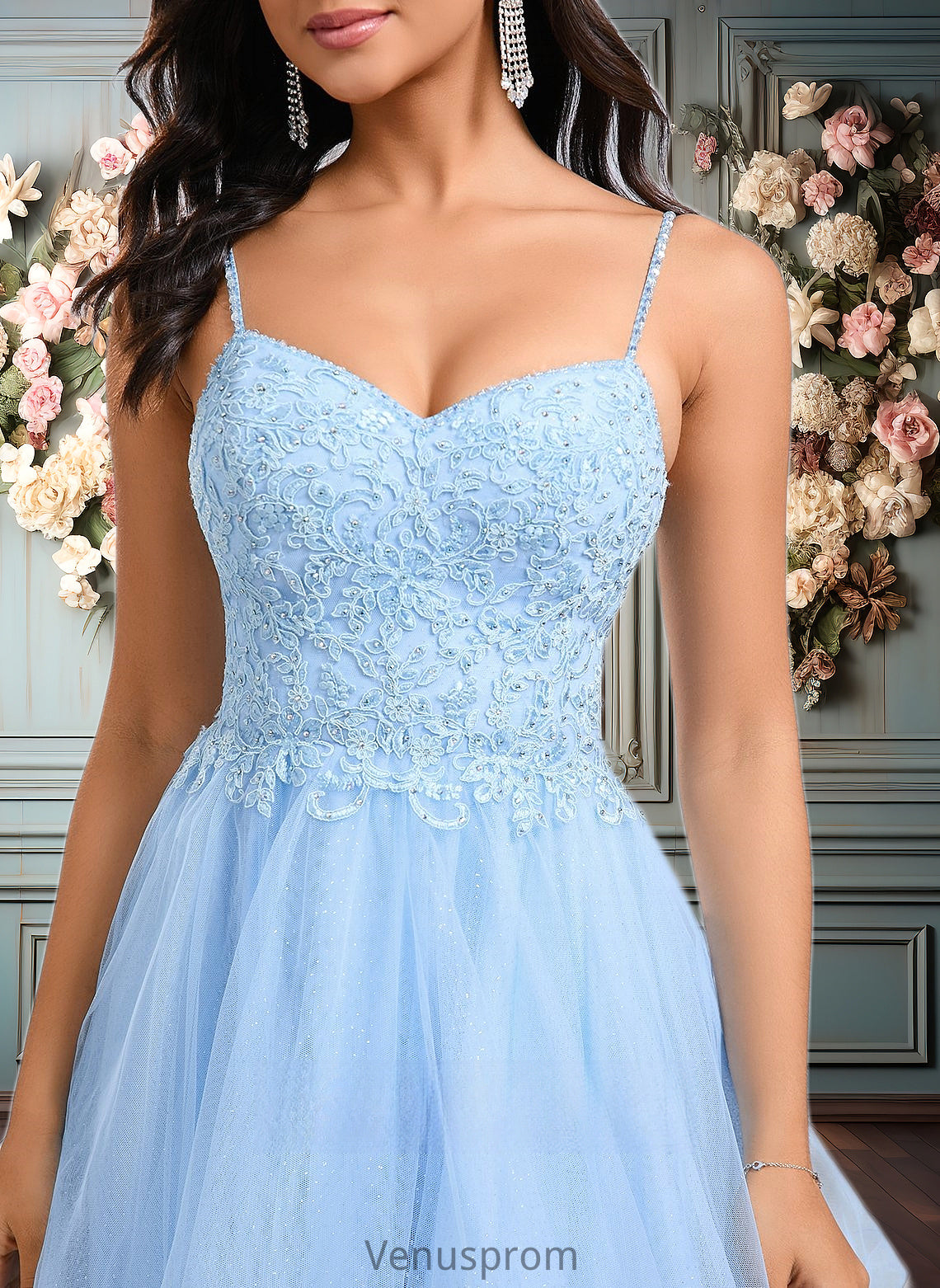 Cecilia A-line V-Neck Short Lace Tulle Homecoming Dress With Rhinestone Sequins HQP0025658