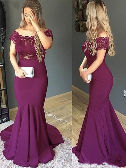 Poll Trumpet/Mermaid Stretch Crepe Lace Off-the-Shoulder Short Sleeves Sweep/Brush Train Mother of the Bride Dresses HQP0020322