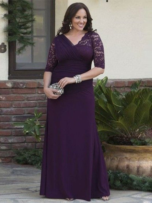 Evelyn A-Line/Princess Satin Lace V-neck 1/2 Sleeves Floor-Length Mother of the Bride Dresses HQP0020382