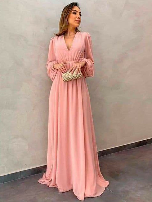 Carlie A-Line/Princess Chiffon Ruffles V-neck Long Sleeves Sweep/Brush Train Mother of the Bride Dresses HQP0020407