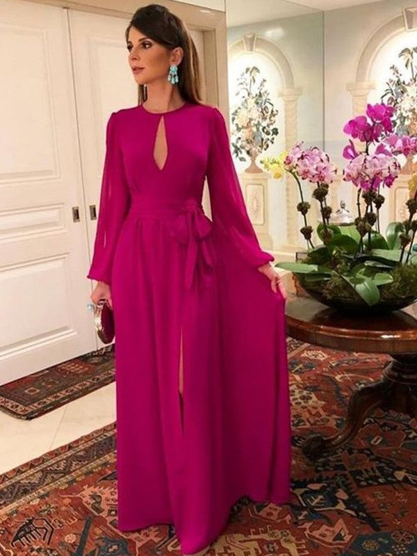 Kaydence A-Line/Princess Chiffon Ruched Scoop Long Sleeves Floor-Length Mother of the Bride Dresses HQP0020417