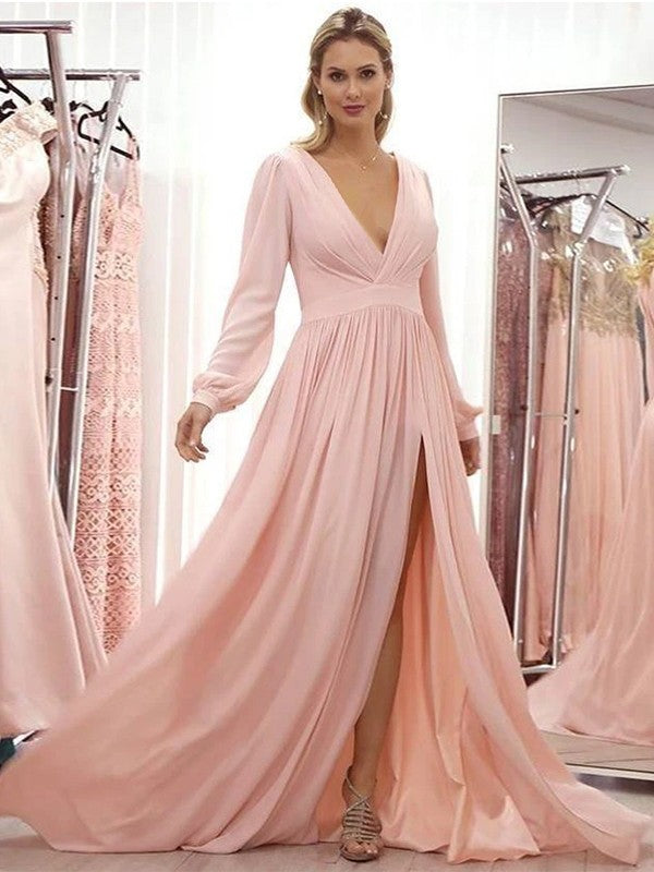 Kaydence A-Line/Princess Chiffon Ruffles V-neck Long Sleeves Sweep/Brush Train Mother of the Bride Dresses HQP0020429