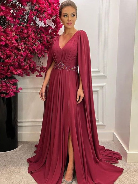 Ava A-Line/Princess Chiffon Ruched V-neck Long Sleeves Court Train Mother of the Bride Dresses HQP0020287