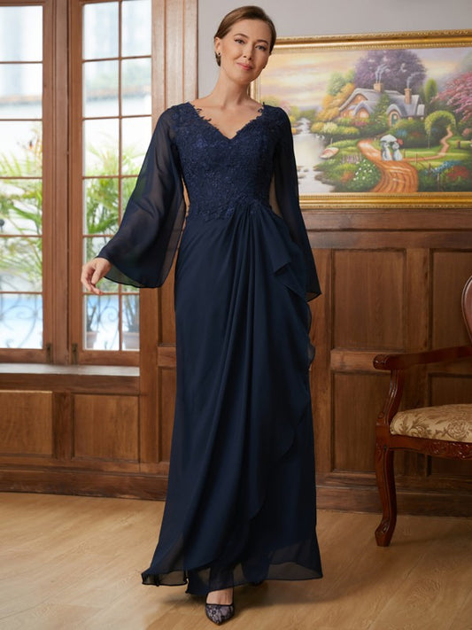 Kristin A-Line/Princess Chiffon Applique V-neck Long Sleeves Floor-Length Mother of the Bride Dresses HQP0020335