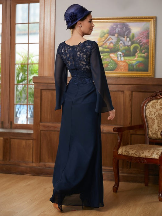 Kristin A-Line/Princess Chiffon Applique V-neck Long Sleeves Floor-Length Mother of the Bride Dresses HQP0020335