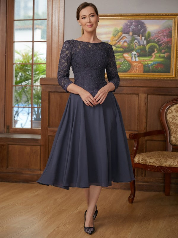 Genesis A-Line/Princess Chiffon Lace Scoop 3/4 Sleeves Tea-Length Mother of the Bride Dresses HQP0020347