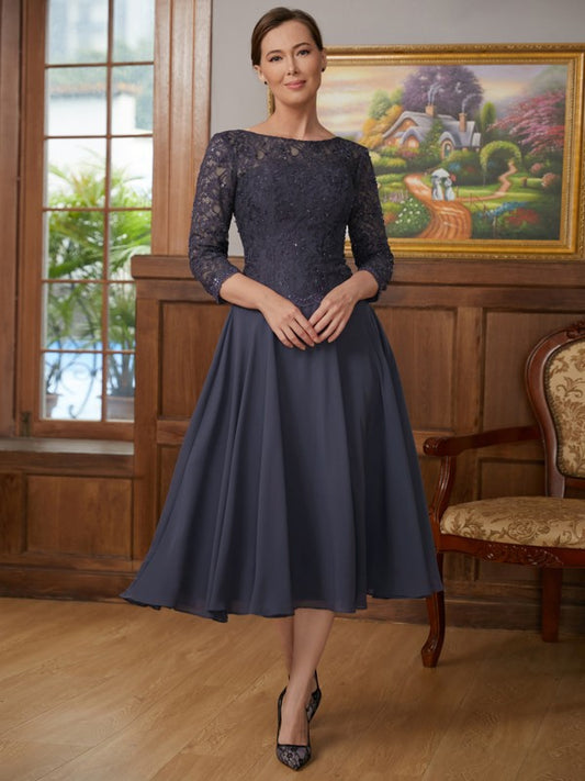 Genesis A-Line/Princess Chiffon Lace Scoop 3/4 Sleeves Tea-Length Mother of the Bride Dresses HQP0020347