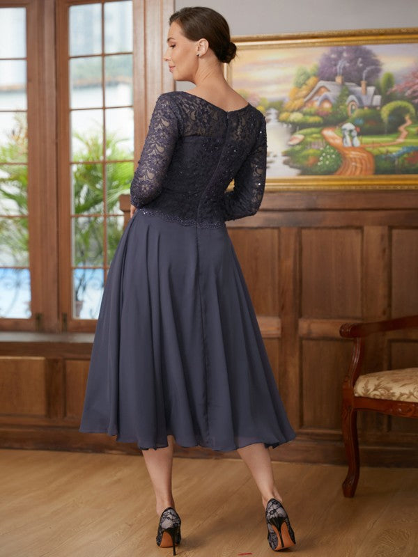 Genesis A-Line/Princess Chiffon Lace Scoop 3/4 Sleeves Tea-Length Mother of the Bride Dresses HQP0020347