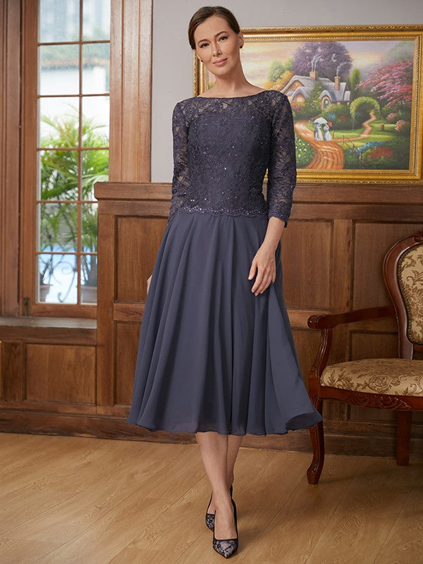 Genesis A-Line/Princess Chiffon Lace Scoop 3/4 Sleeves Tea-Length Mother of the Bride Dresses HQP0020347