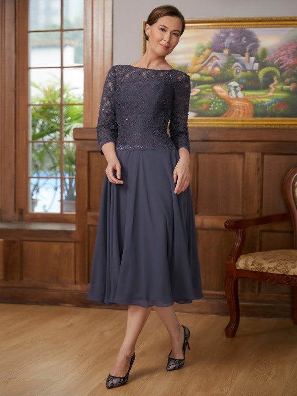 Genesis A-Line/Princess Chiffon Lace Scoop 3/4 Sleeves Tea-Length Mother of the Bride Dresses HQP0020347