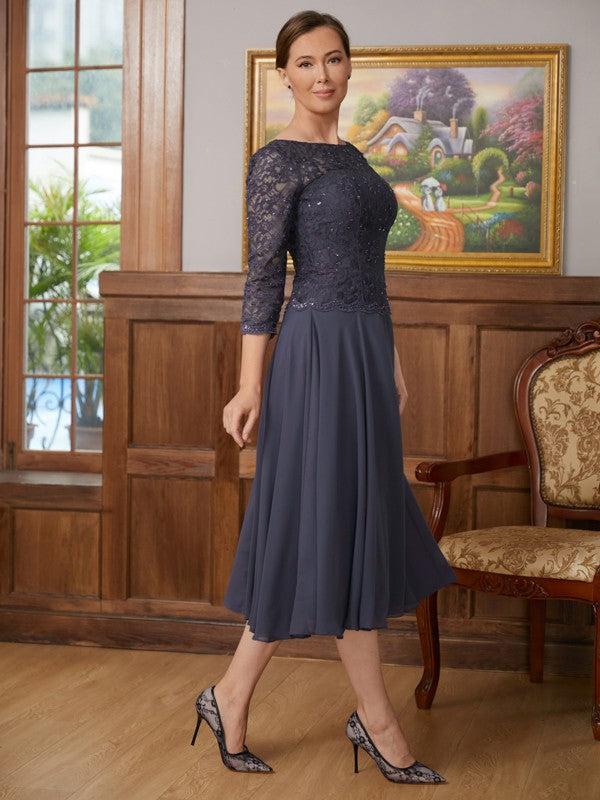 Genesis A-Line/Princess Chiffon Lace Scoop 3/4 Sleeves Tea-Length Mother of the Bride Dresses HQP0020347