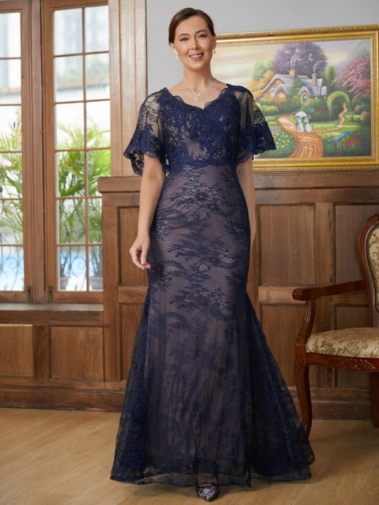 Stella Sheath/Column Silk like Satin Lace V-neck Short Sleeves Floor-Length Mother of the Bride Dresses HQP0020338