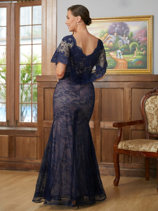 Stella Sheath/Column Silk like Satin Lace V-neck Short Sleeves Floor-Length Mother of the Bride Dresses HQP0020338