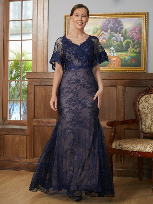 Stella Sheath/Column Silk like Satin Lace V-neck Short Sleeves Floor-Length Mother of the Bride Dresses HQP0020338