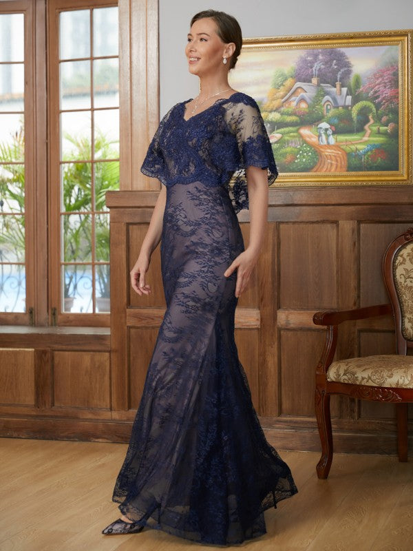 Stella Sheath/Column Silk like Satin Lace V-neck Short Sleeves Floor-Length Mother of the Bride Dresses HQP0020338