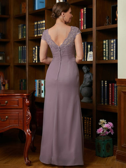 Francesca Sheath/Column Chiffon Lace V-neck Short Sleeves Floor-Length Mother of the Bride Dresses HQP0020339