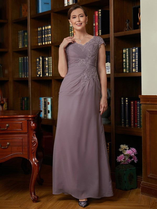 Francesca Sheath/Column Chiffon Lace V-neck Short Sleeves Floor-Length Mother of the Bride Dresses HQP0020339