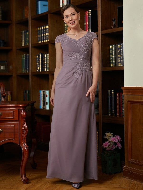 Francesca Sheath/Column Chiffon Lace V-neck Short Sleeves Floor-Length Mother of the Bride Dresses HQP0020339