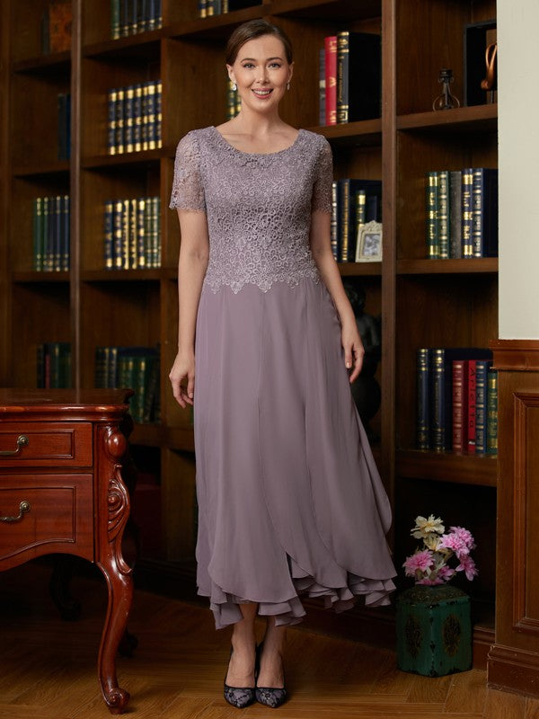 Karli A-Line/Princess Chiffon Lace Scoop Short Sleeves Ankle-Length Mother of the Bride Dresses HQP0020353