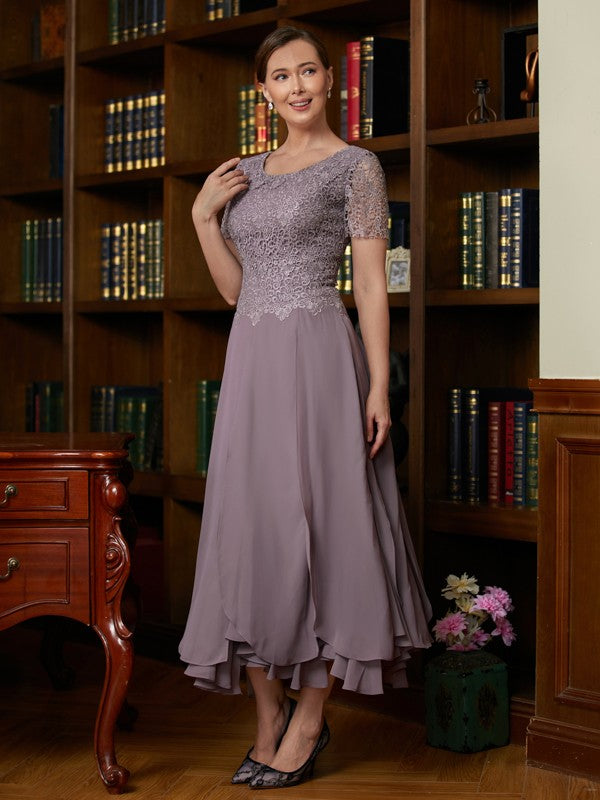 Karli A-Line/Princess Chiffon Lace Scoop Short Sleeves Ankle-Length Mother of the Bride Dresses HQP0020353