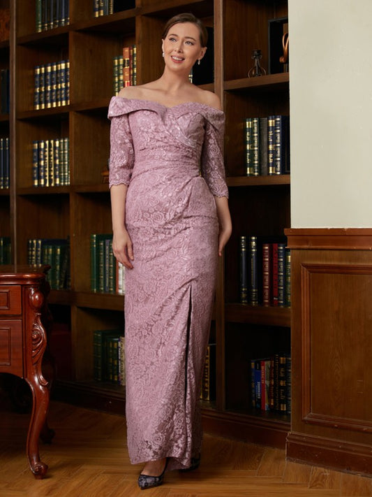 Delilah Sheath/Column Satin Lace Off-the-Shoulder 3/4 Sleeves Floor-Length Mother of the Bride Dresses HQP0020343