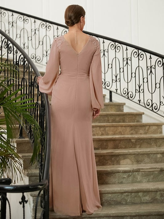 Maya A-Line/Princess Chiffon Applique V-neck Long Sleeves Floor-Length Mother of the Bride Dresses HQP0020313