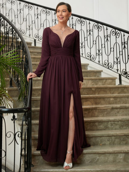 Germaine A-Line/Princess Chiffon Ruched V-neck Long Sleeves Floor-Length Mother of the Bride Dresses HQP0020345