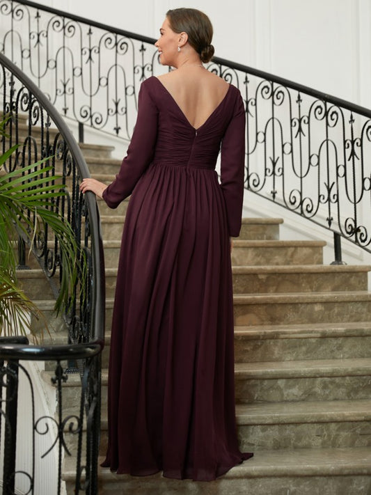 Germaine A-Line/Princess Chiffon Ruched V-neck Long Sleeves Floor-Length Mother of the Bride Dresses HQP0020345