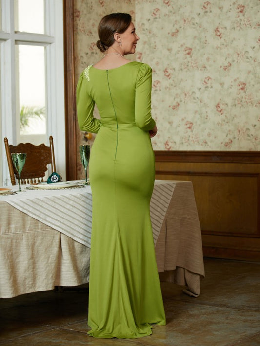 Eva Sheath/Column Jersey Ruched Scoop Long Sleeves Floor-Length Mother of the Bride Dresses HQP0020352