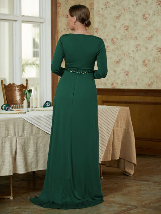 Maren A-Line/Princess Jersey Beading V-neck Long Sleeves Sweep/Brush Train Mother of the Bride Dresses HQP0020357