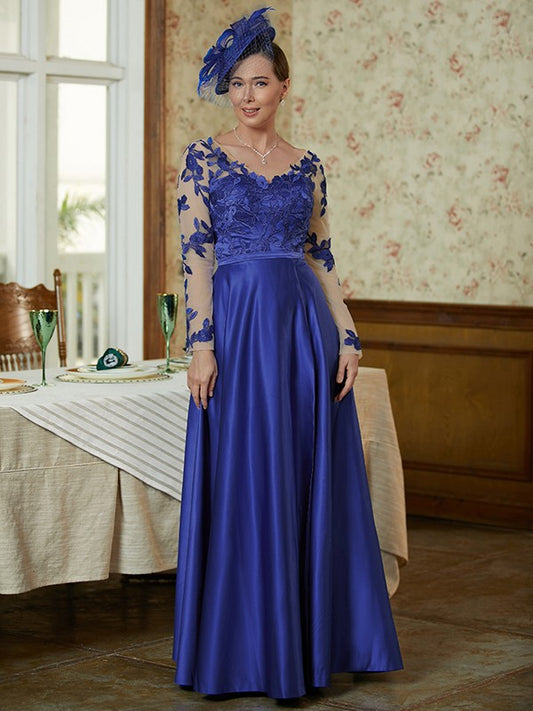 Bella A-Line/Princess Satin Applique V-neck Long Sleeves Floor-Length Mother of the Bride Dresses HQP0020358