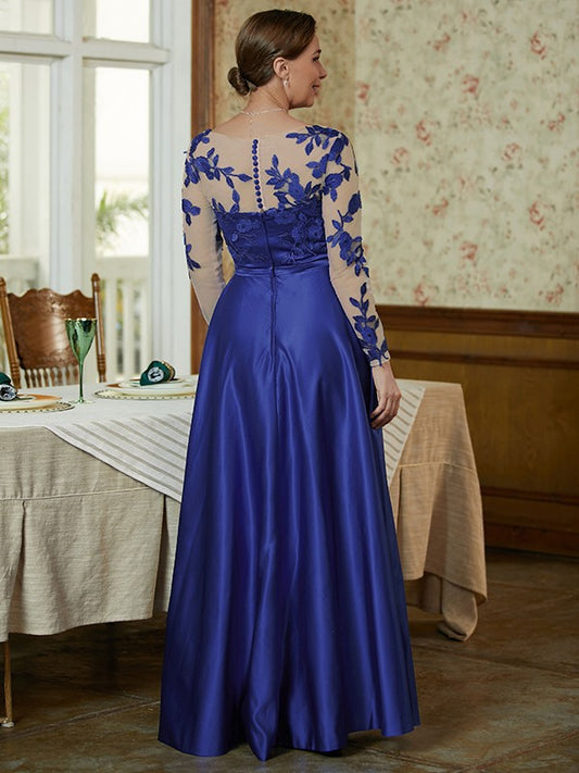 Bella A-Line/Princess Satin Applique V-neck Long Sleeves Floor-Length Mother of the Bride Dresses HQP0020358