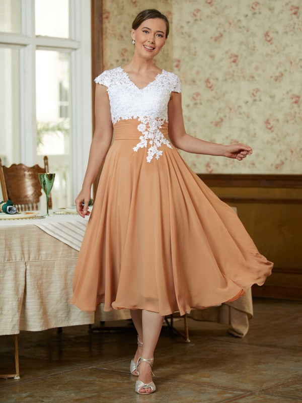 Lucy A-Line/Princess Chiffon Lace V-neck Sleeveless Tea-Length Mother of the Bride Dresses HQP0020364