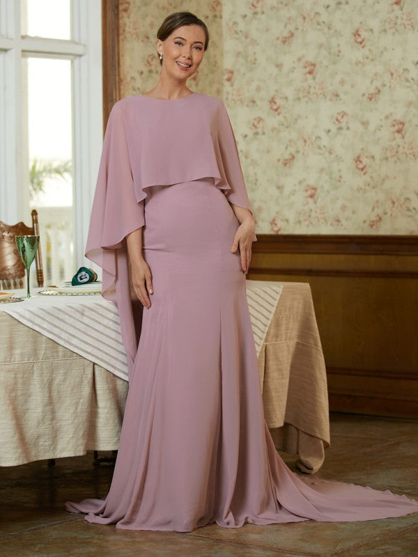 Mignon Sheath/Column Chiffon Ruffles Scoop Long Sleeves Sweep/Brush Train Mother of the Bride Dresses HQP0020360