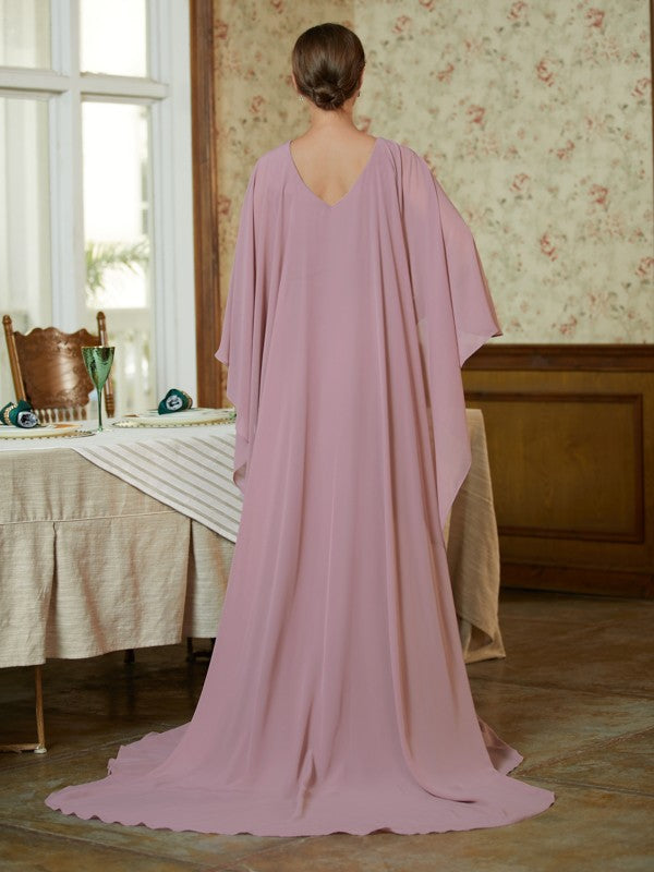 Mignon Sheath/Column Chiffon Ruffles Scoop Long Sleeves Sweep/Brush Train Mother of the Bride Dresses HQP0020360