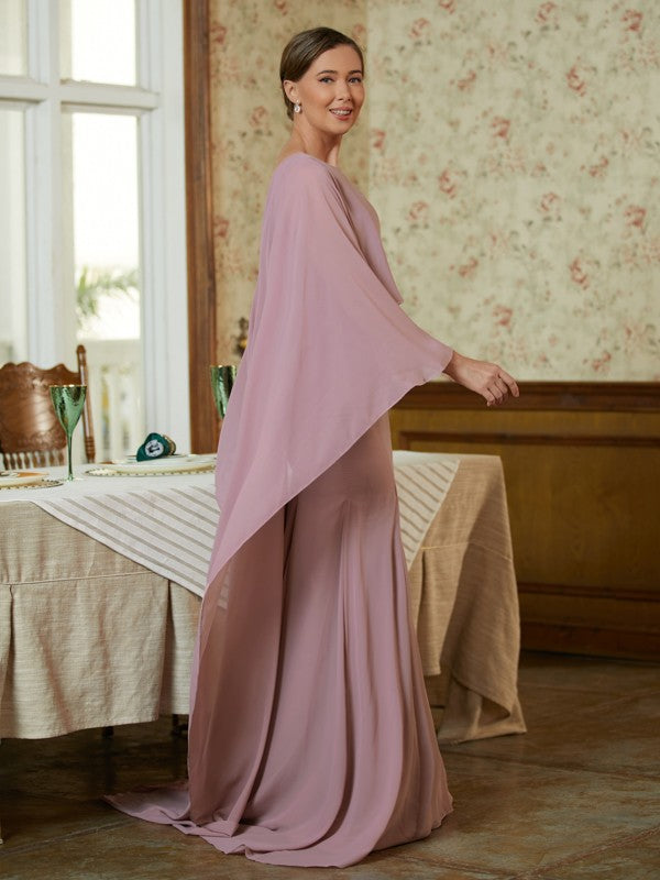 Mignon Sheath/Column Chiffon Ruffles Scoop Long Sleeves Sweep/Brush Train Mother of the Bride Dresses HQP0020360