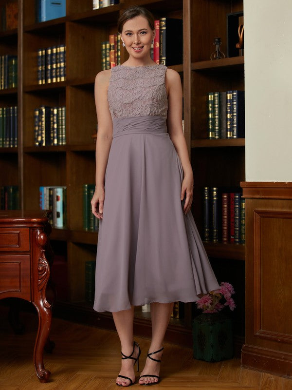 Valentina A-Line/Princess Chiffon Lace Scoop Sleeveless Tea-Length Mother of the Bride Dresses HQP0020366