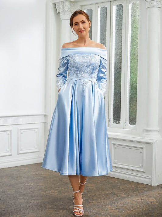 Camryn A-Line/Princess Elastic Woven Satin Ruched Off-the-Shoulder Long Sleeves Tea-Length Mother of the Bride Dresses HQP0020269