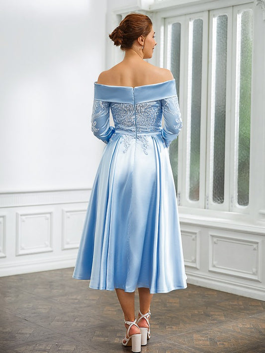 Camryn A-Line/Princess Elastic Woven Satin Ruched Off-the-Shoulder Long Sleeves Tea-Length Mother of the Bride Dresses HQP0020269