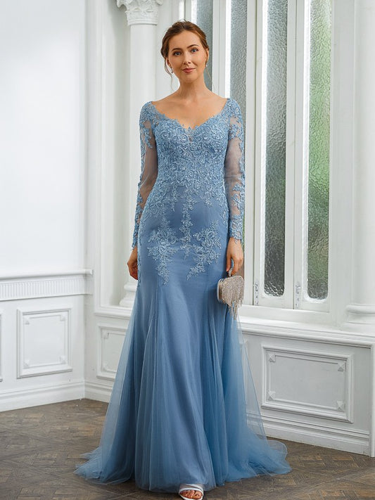 Cora Sheath/Column Tulle Applique V-neck Long Sleeves Sweep/Brush Train Mother of the Bride Dresses HQP0020244