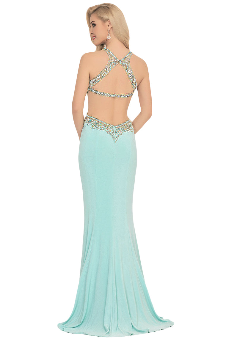 2024 Prom Dresses Scoop Beaded Bodice Mermaid Spandex Open Back