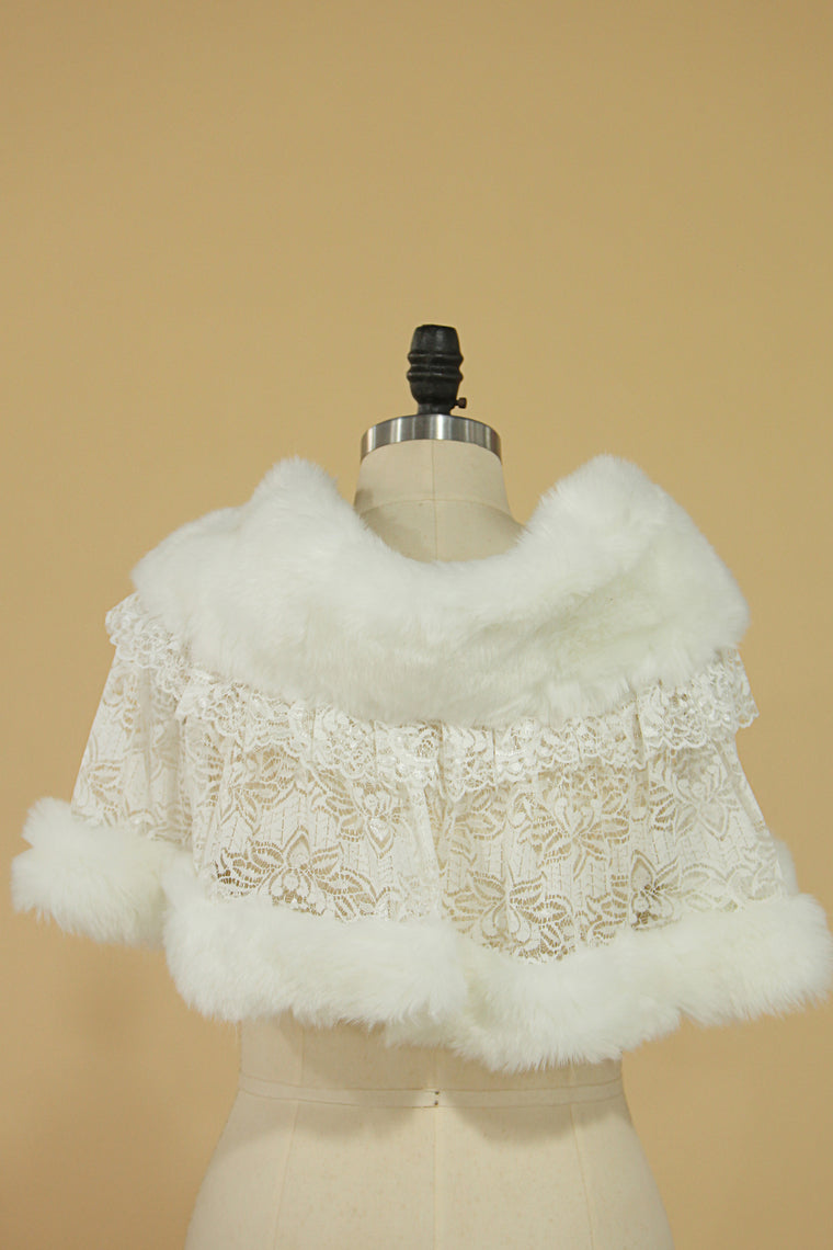 Pretty White Faux Fur & Lace Wedding Wrap With Beading