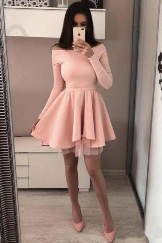 A Line Long Sleeves Satin Short Homecoming Dresses