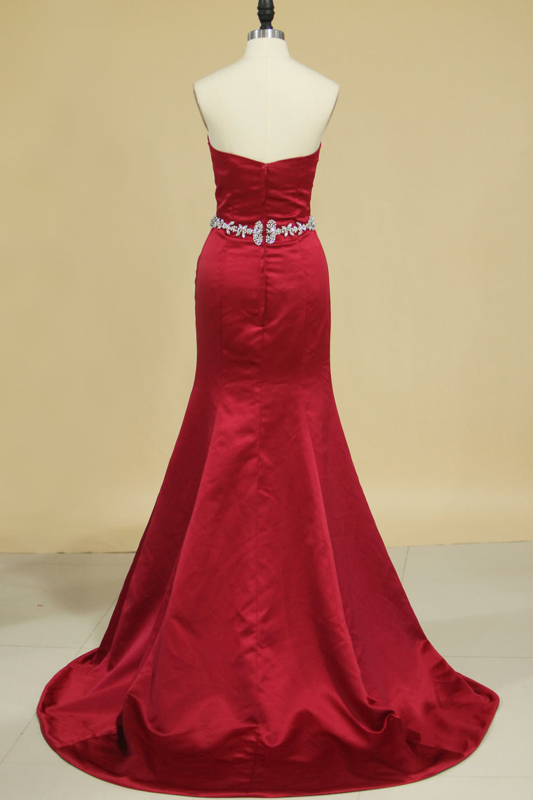 2024 Satin Sweetheart Evening Dresses Beaded Waistline Sweep Train Mermaid