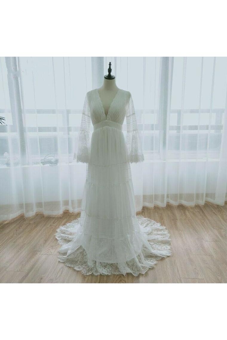 A Line Long Sleeves Deep V Neck Lace Backless Wedding Dresses Long Bridal Dresses