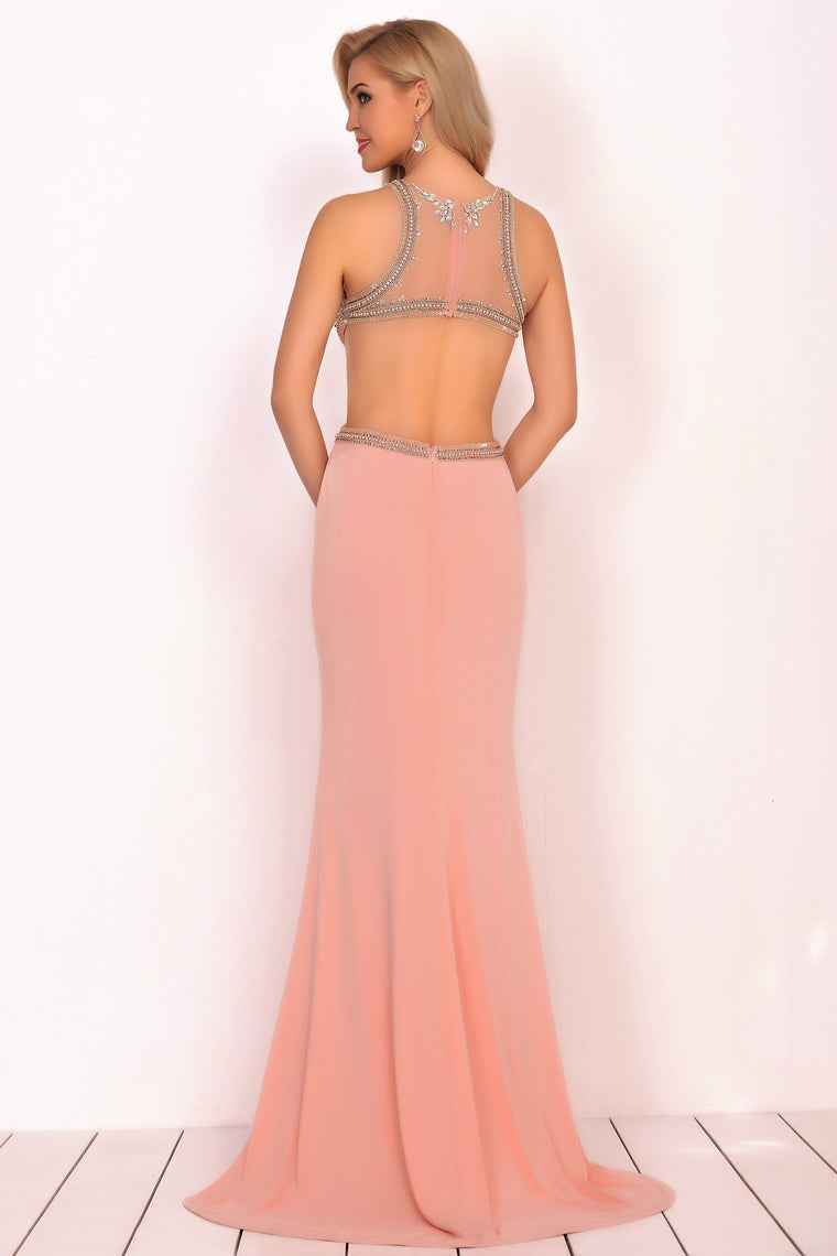 2024 Sexy Open Back Scoop Prom Dresses Mermaid With Beads Spandex