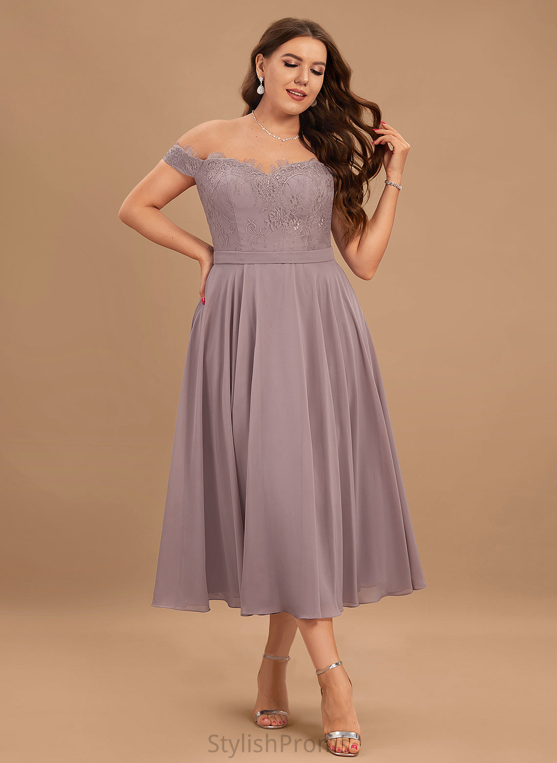 Chiffon Dress Lace Cocktail Dresses With Beading Tea-Length Off-the-Shoulder Cocktail Janiyah A-Line