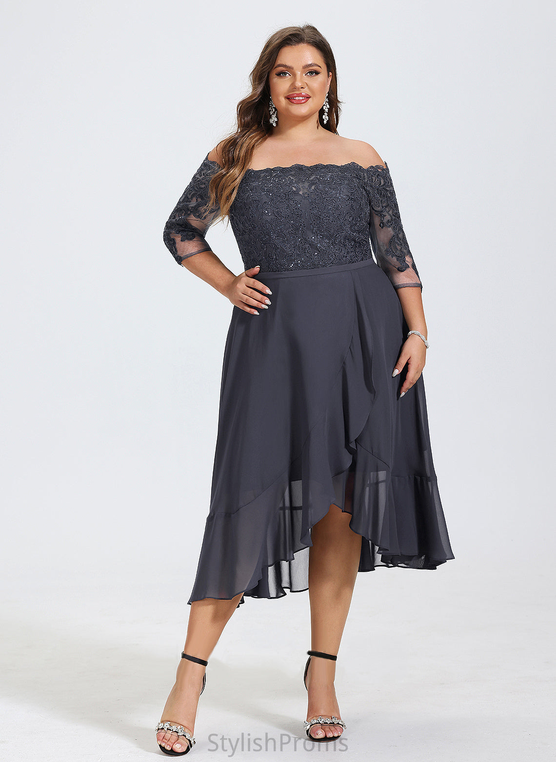 Asymmetrical A-Line Sequins Chiffon Cocktail Lace Dress Stephany Off-the-Shoulder With Cocktail Dresses