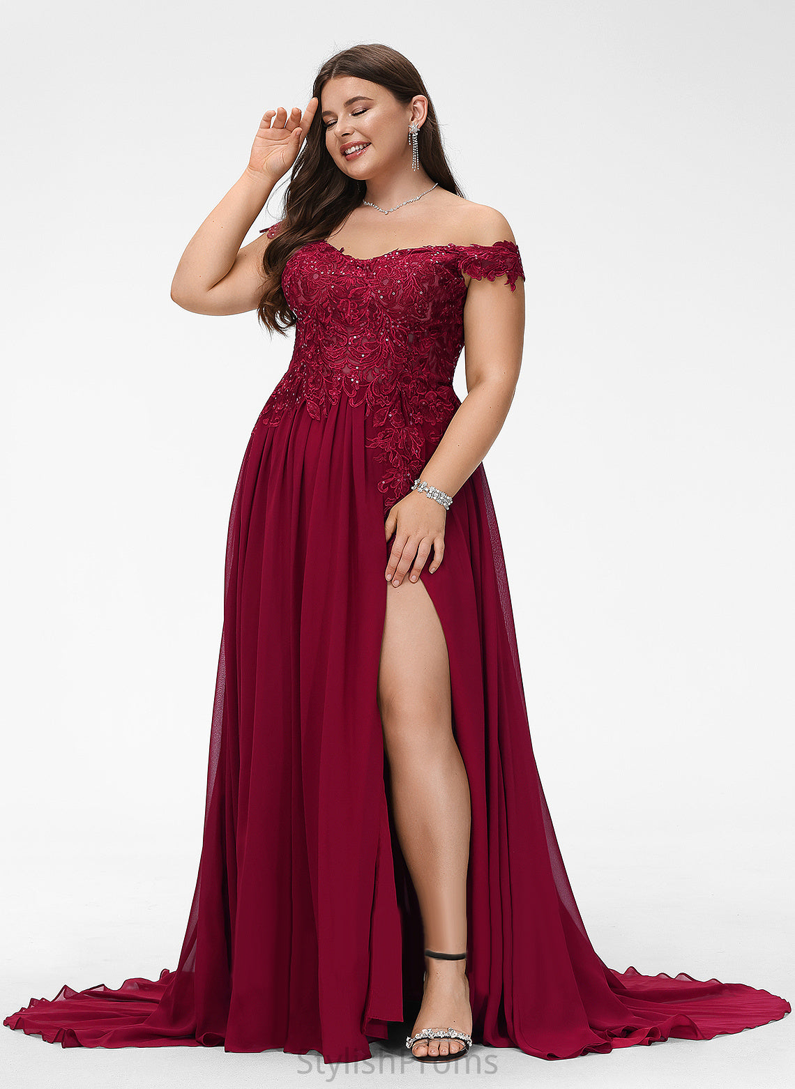 A-Line With Train Sweep Prom Dresses Off-the-Shoulder Sequins Lilyana Chiffon Lace